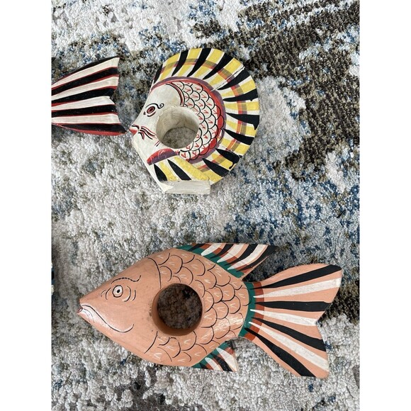 Set of 6 Wooden Hand Painted Napkin Ring Fish Tropical Island Beach Summer Ocean - Picture 8 of 8